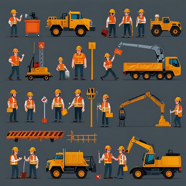 Photo set of construction site objects and workers isolated on a transparent white background