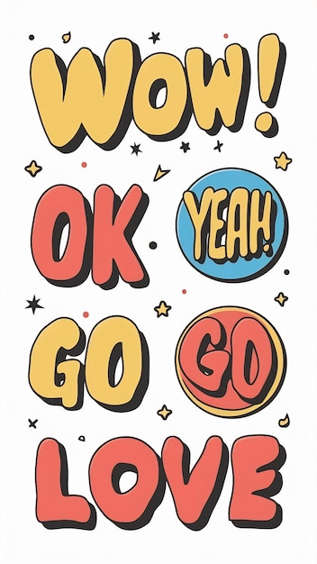 Photo set of cool phrases such as wow ok yeah go love