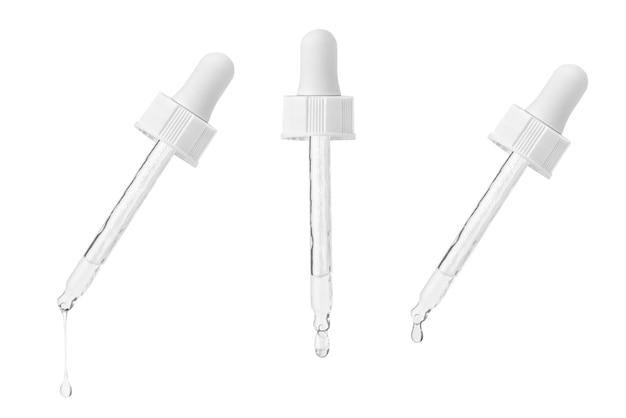 A set of cosmetic pipettes with dripping and flowing liquid Hyaluronic acid Serum for the face Moisturizing