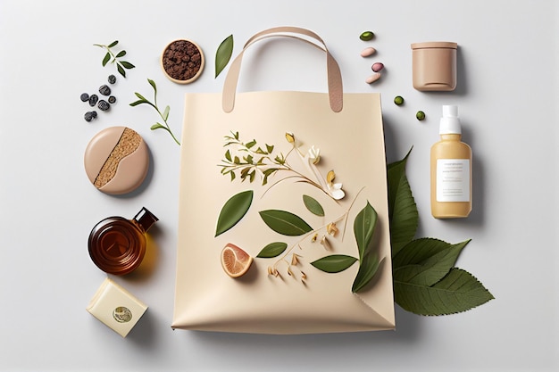 Set of cosmetic products in paper bag with green leaves on grey background generative ai