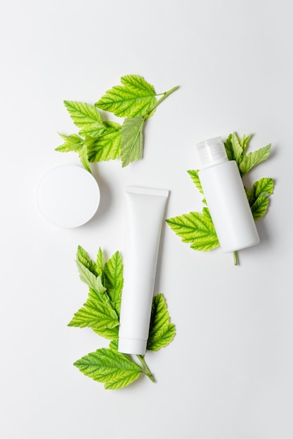 A set of cosmetic products in white tubes and with green leaves with empty space for labeling natural cosmetics for face and body skin care Moisturizing cream purifying mask