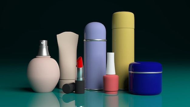 Photo set of cosmetics products on green blue table 3d illustration