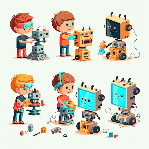 Set of creative kids building robots children making robotic technology Made by AIArtificial intelligence