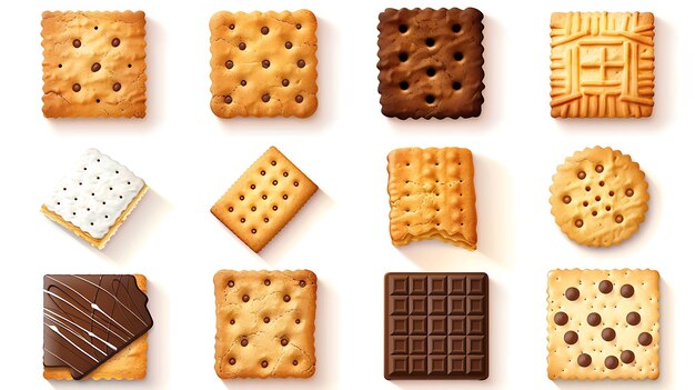 A set of crispy cracker cookies isolated on a white background Chocolate and sweet biscuits