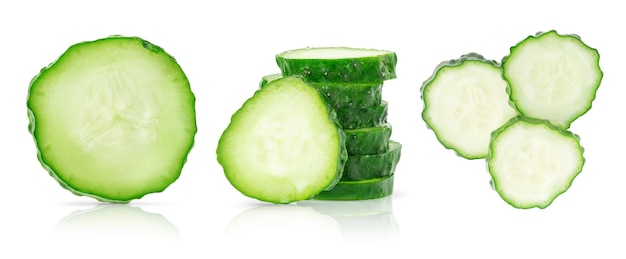 Set of cucumber slices isolated on white background with clipping path