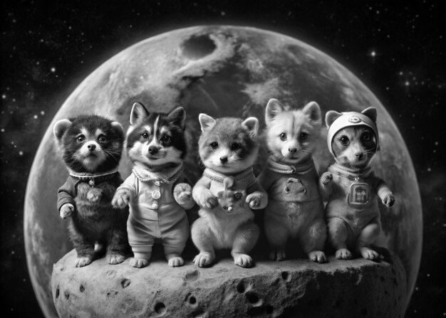 Photo set of cute animals on the moon