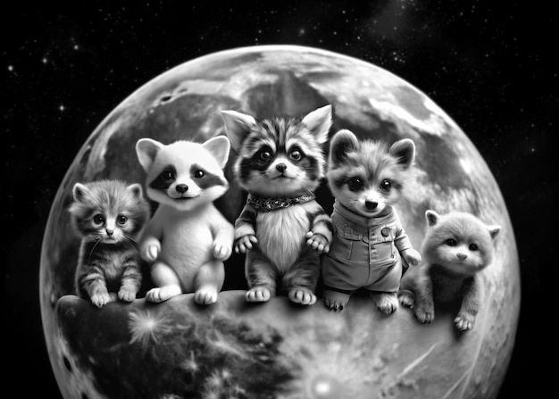 Photo set of cute animals on the moon