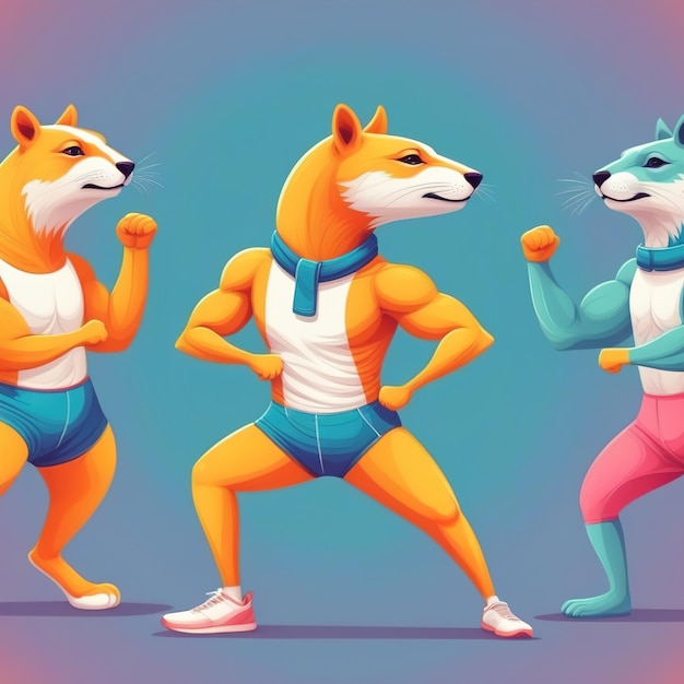 set of cute cartoon dogs running and doing exercises