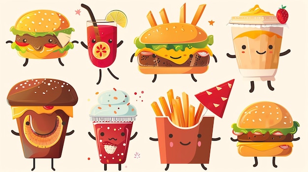 Photo a set of cute cartoon fast food characters including burgers fries milkshakes and drinks all with happy faces