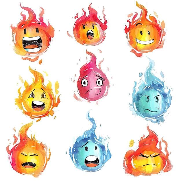 Photo set of cute cartoon fire and water emoji with various facial expressions