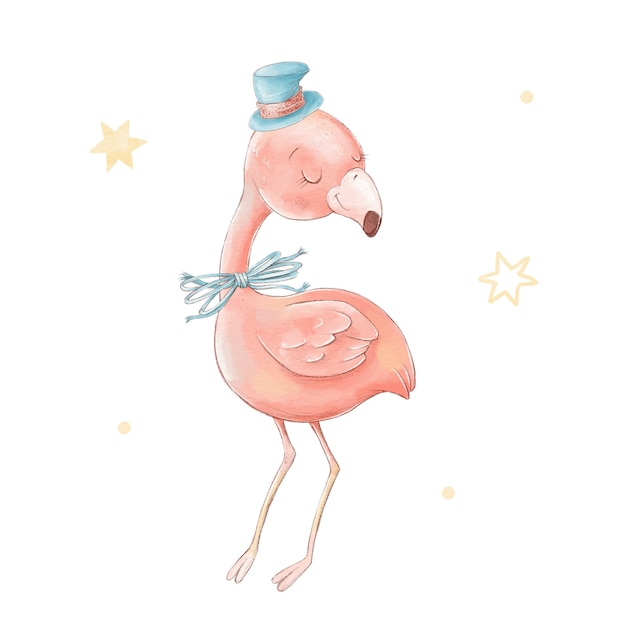 Set of cute cartoon flamingos in a hat. Watercolor illustration