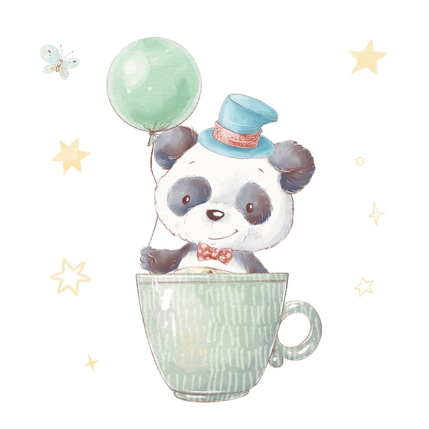 Set of cute cartoon panda in a cup. Watercolor illustration.