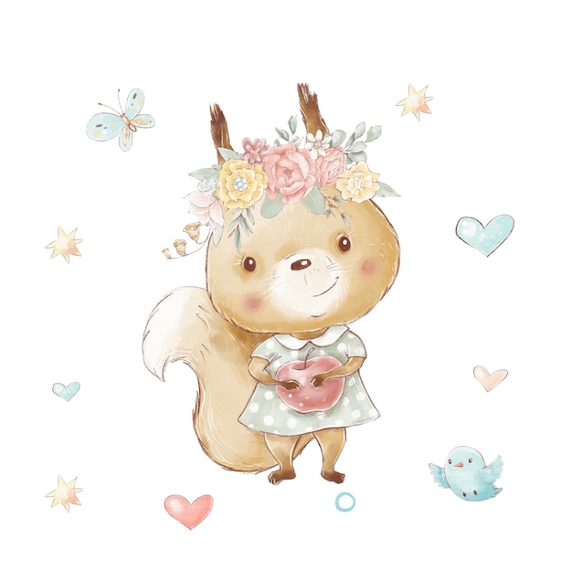 Set of cute cartoon squirrel with apple and flowers and birds and butterflies.