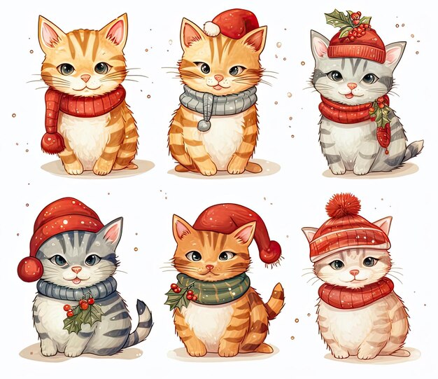 Photo set of cute cats winter illustration in cartoon style