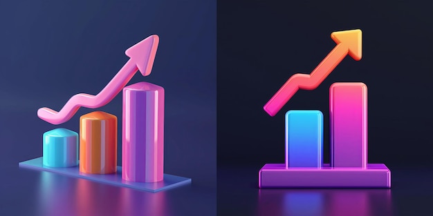 set of cute colorful bar graph with arrow up 3D cartoon animation style