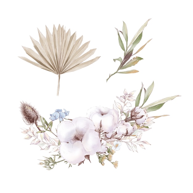 Set of cute cotton flowers branches and leaves. Watercolor illustration.