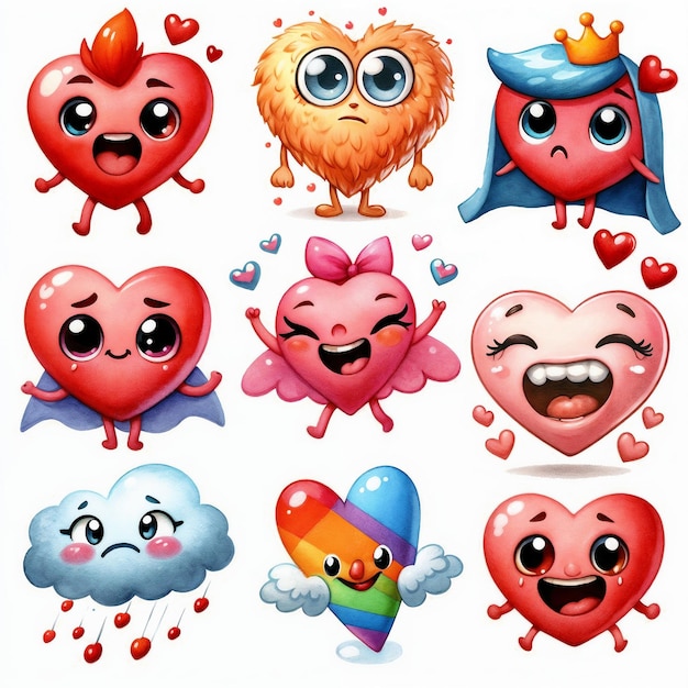 Set of cute funny hearts on white background AI