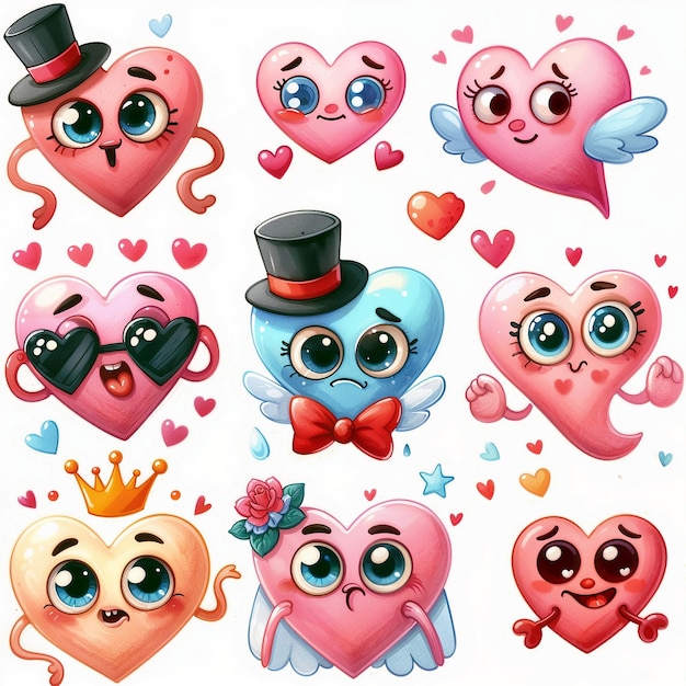 Set of cute funny hearts on white background AI