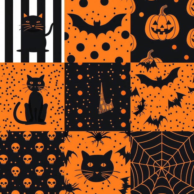 set of cute Halloween orange and black seamless patterns with bats pumpkins spider webs cats stripes and polka dots