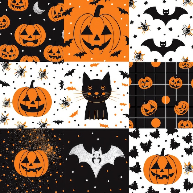 A set of cute Halloween patterns vector seamless background with pumpkin