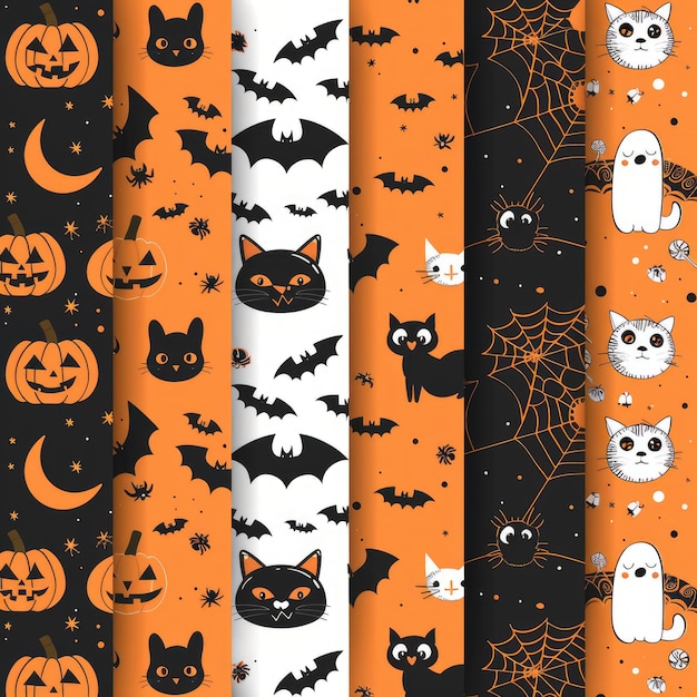 A set of cute Halloween patterns vector seamless background with pumpkin