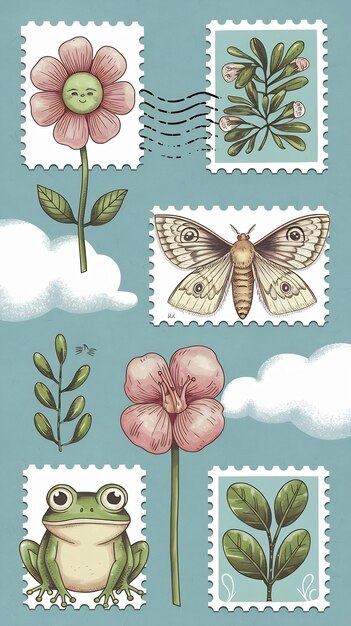 Photo set of cute hand drawn post stamps with natural plant elements attributes like flowers moth frog