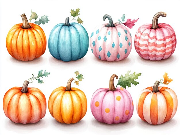 Photo set of cute hand drawn pumpkins with pastel stripes polka dots and chevron patterns