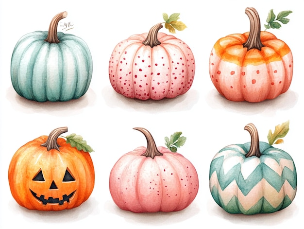 Set of cute hand drawn pumpkins with pastel stripes polka dots and chevron patterns