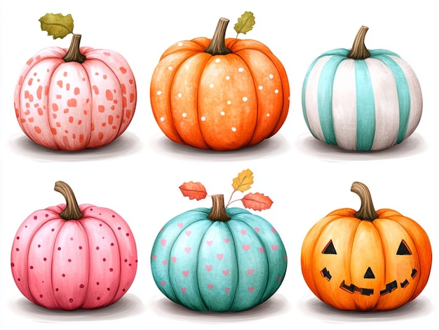 Set of cute hand drawn pumpkins with pastel stripes polka dots and chevron patterns