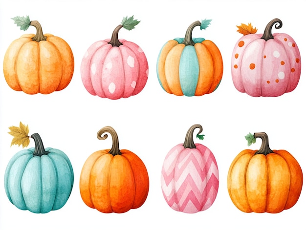 Set of cute hand drawn pumpkins with pastel stripes polka dots and chevron patterns