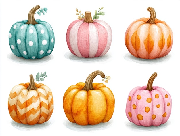 Set of cute hand drawn pumpkins with pastel stripes polka dots and chevron patterns