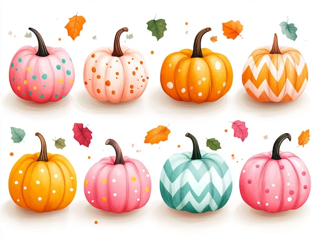 Photo set of cute hand drawn pumpkins with pastel stripes polka dots and chevron patterns