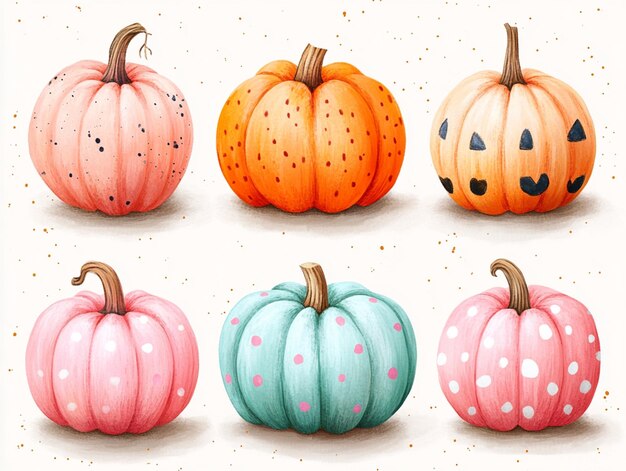 Set of cute hand drawn pumpkins with pastel stripes polka dots and chevron patterns