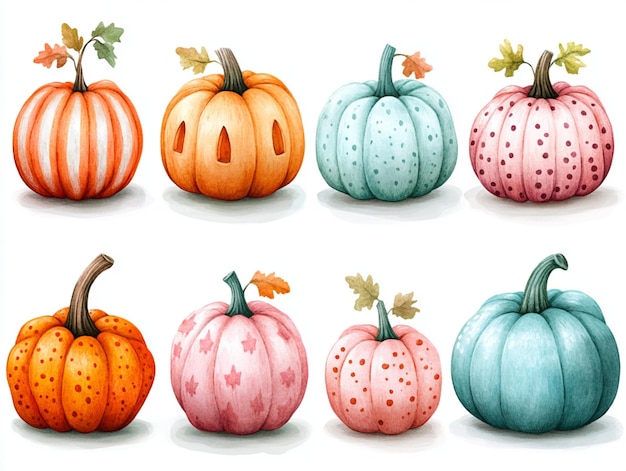 Set of cute hand drawn pumpkins with pastel stripes polka dots and chevron patterns