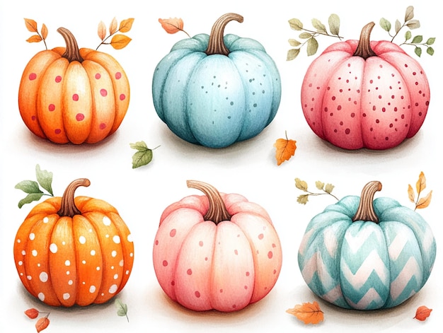 Set of cute hand drawn pumpkins with pastel stripes polka dots and chevron patterns