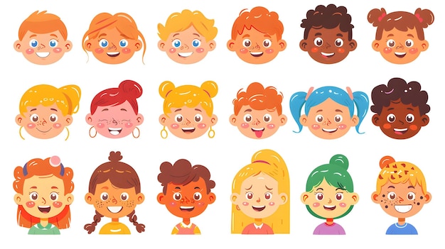 Photo set of cute happy children people faces in funny colorful illustration style flat cartoon toddler