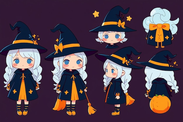 Photo set of cute little witch cartoon adorable witch characters