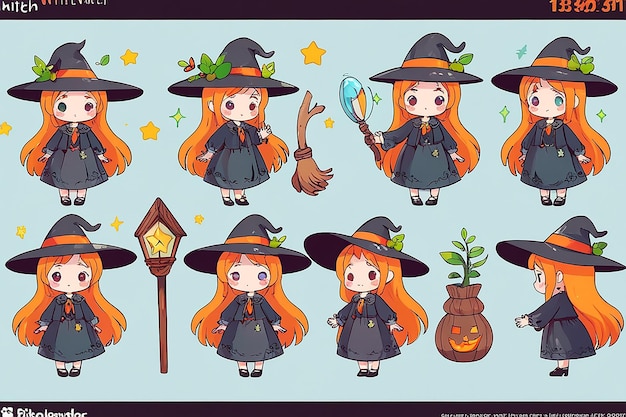 Photo set of cute little witch cartoon adorable witch characters