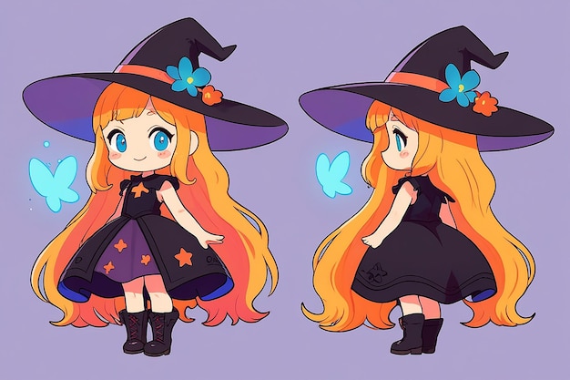 Set of Cute Little Witch Cartoon Adorable Witch Characters