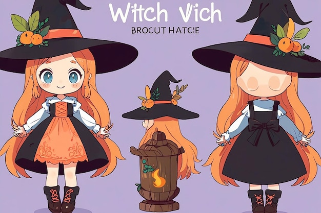 Photo set of cute little witch cartoon adorable witch characters