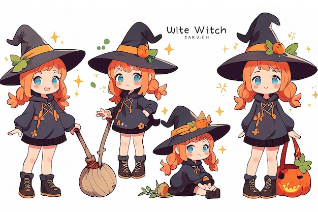 Set of Cute Little Witch Cartoon Adorable Witch Characters