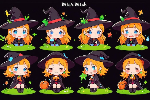 Photo set of cute little witch cartoon adorable witch characters