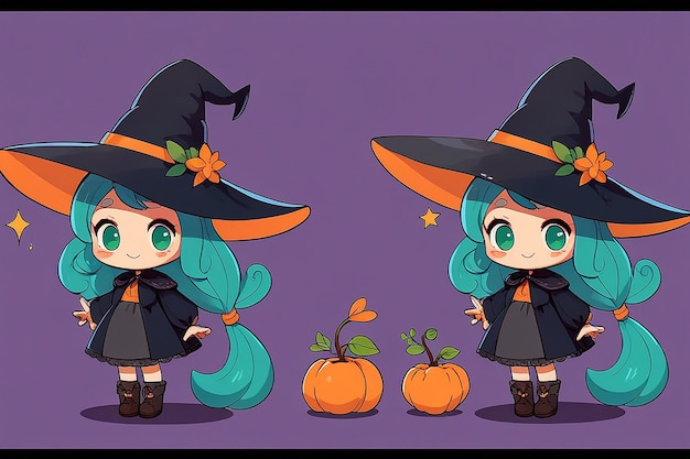 Set of Cute Little Witch Cartoon Adorable Witch Characters