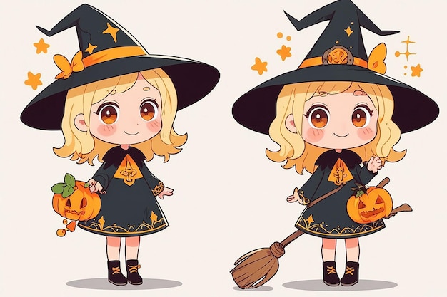 Set of Cute Little Witch Cartoon Adorable Witch Characters