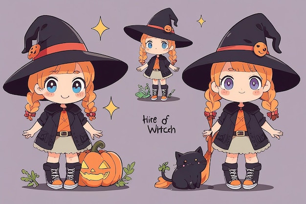 Set of Cute Little Witch Cartoon Adorable Witch Characters