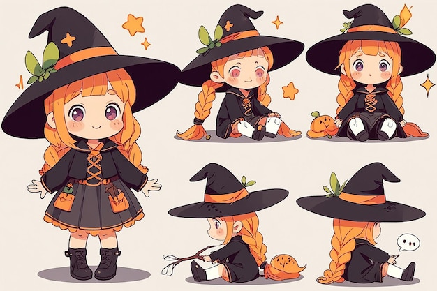 Photo set of cute little witch cartoon adorable witch characters