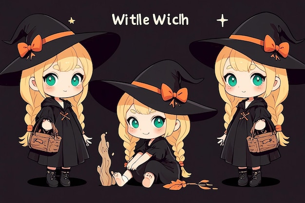 Photo set of cute little witch cartoon adorable witch characters