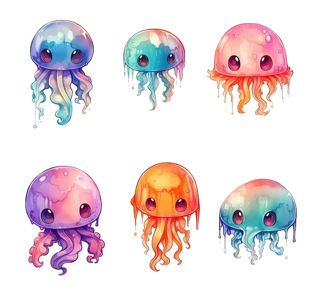 Set of a cute pretty jellyfishes in cartoon style with big eyes Generated ai