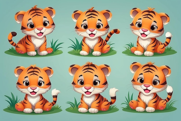 Photo set of cute tiger kids playing tiger