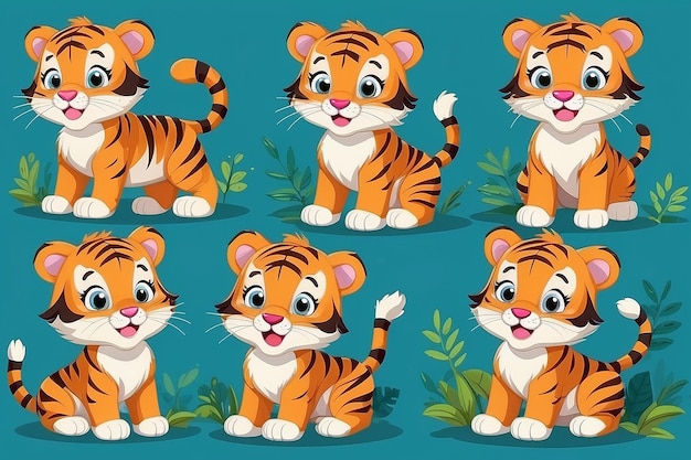 set of cute tiger kids playing tiger